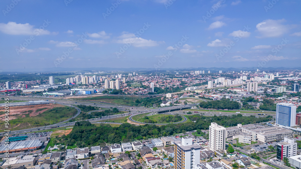 Aerial view of Sao Jose dos Campos, Sao Paulo, Brazil. Ulysses Guimaraes Square. With residential buildings in the background