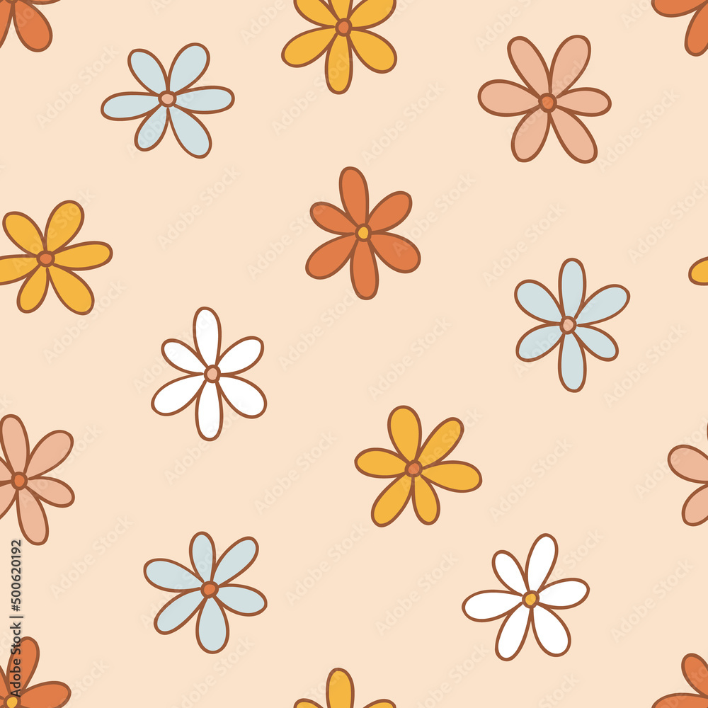 Retro 70s 60s Hippie Groovy Floral naive Daisy vector seamless pattern. Boho Flower child Flower power vibes background. Bohemian retro colours childish floret pink backdrop surface design. Retro 70s 60s Hippie Groovy Floral naive Daisy vector seamless pattern. Boho Flower child Flower power vibes background. Bohemian retro colours childish floret pink backdrop surface design.