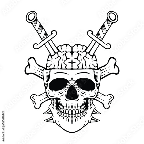 t shirt design  skull with sword black and white