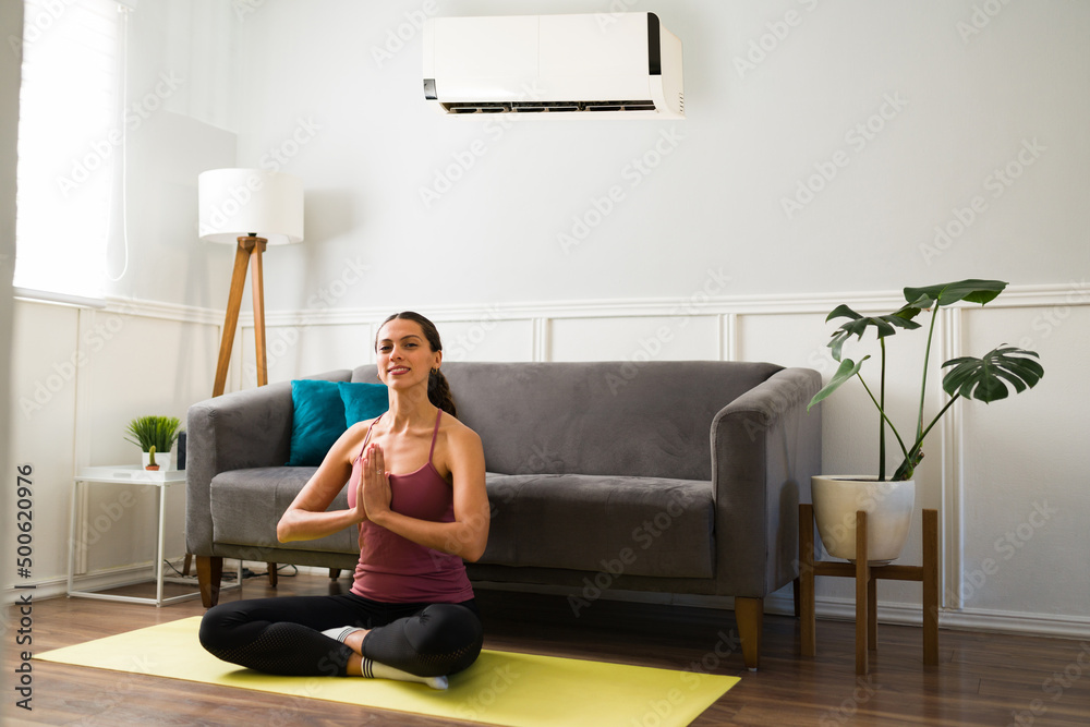 Gorgeous woman enjoying the air conditioner while exercising Gorgeous woman enjoying the air conditioner while exercising