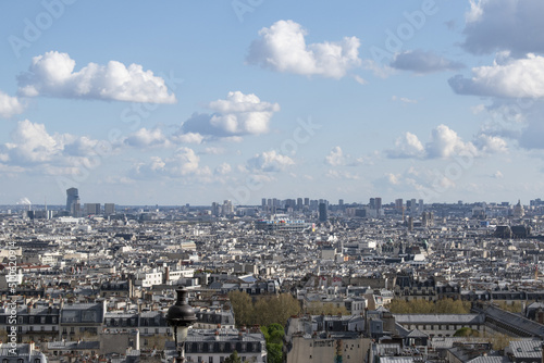 Paris, France, Europe: aerial view of the skyline seen from the top of Montmartre, a large hill in Paris's 18th arrondissement which is the highest point in the city 