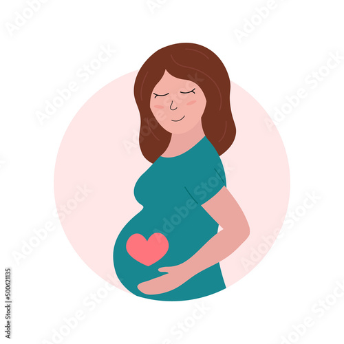 Cute pregnant woman. Happy pregnancy concept. Flat vector illustration of expectant mother with heart on belly