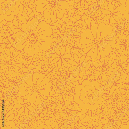 Retro 70s 60s Floral Hippie Summer Groovy Flower Power Flower Child vector seamless pattern. Boho Summer contour flowers retro colours orange background surface design.