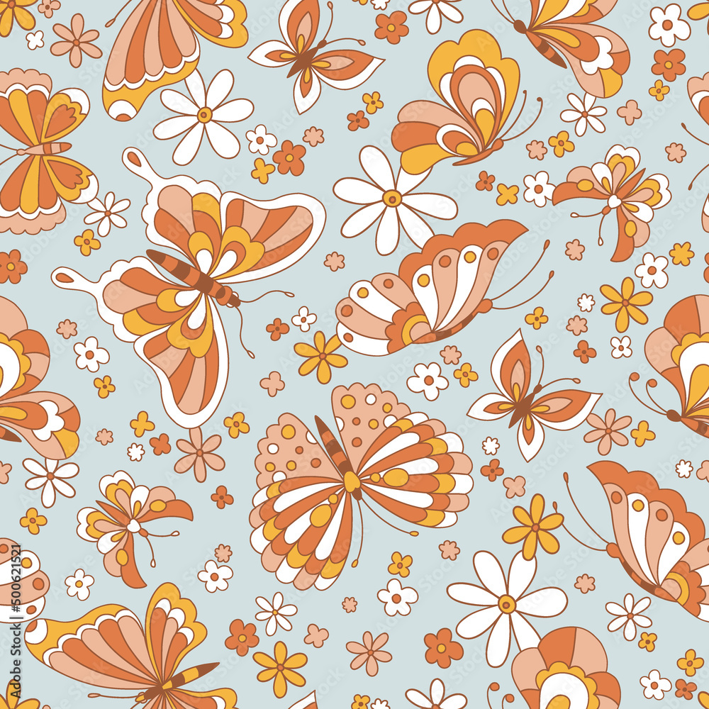 Hippie flowers boho seamless background. floral retro pattern