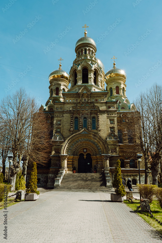 LIEPAJA, LATVIA - APRIL 17, 2022: St. Nicholas Naval Orthodox Cathedral is located in Karosta on Katedrales street view from central entrance side.