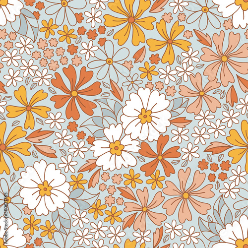 Retro 70s 60s Floral Hippie Summer Groovy Flower Power Flower Child vector seamless pattern. Boho Summer retro colours flower bouquet blue background surface design.