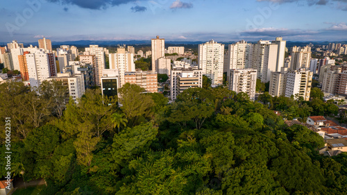 Aerial view of the city of Sao Jose dos Campos, Sao Paulo, Brazil. Residential buildings and trees on the streets