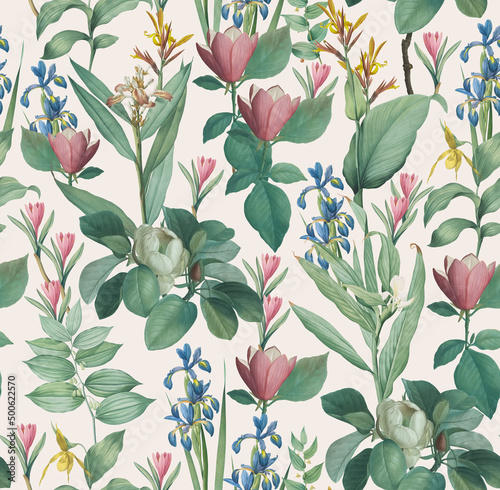 Elegance Seamless Pattern with Botanical Motifs / Vintage Botanical Atlas Style Pattern