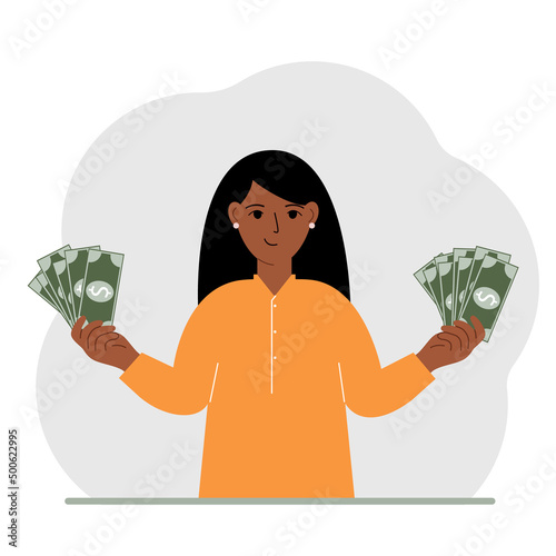 A woman with banknotes in both hands. The concept of wealth. Vector
