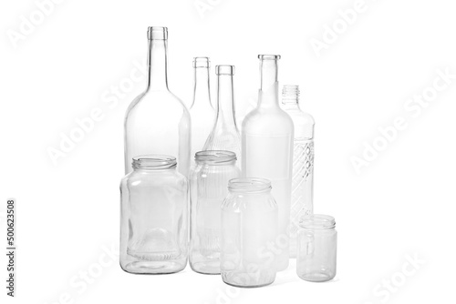 set of bottles and jars on white background
