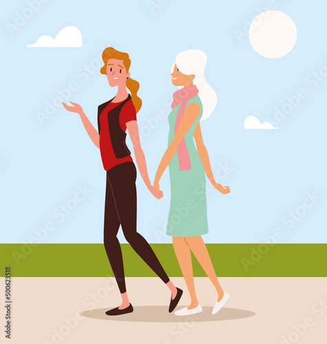 lesbian couple walking