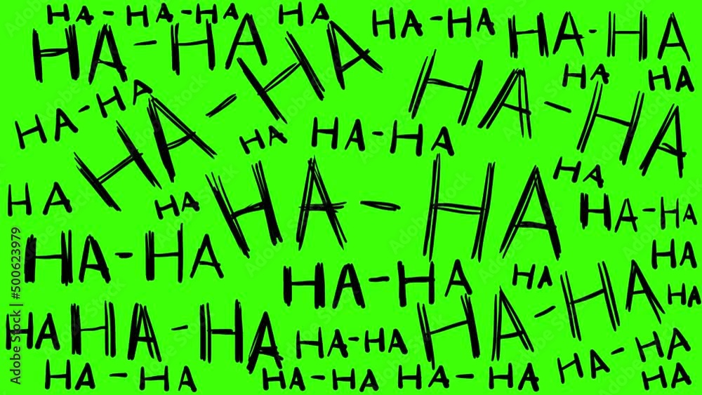 Ha ha on a green background. The villain's laughter to superimpose on the clip. Lettering in the style of a comic book. The Symbol of the Joker. 2D motion video.