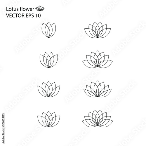 Lotus flower vector eps 10, outline logo, black linear icons  isolated on white background. Vector floral geometric shape, water lily emblem for salon, spa, wedding card or cosmetic product.