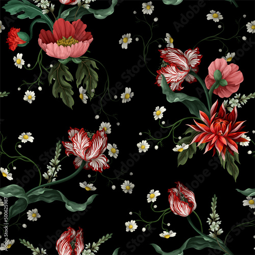 Seamless pattern with vintage flowers such as tulip, poppies and chamomiles. Classical vector wallpaper.