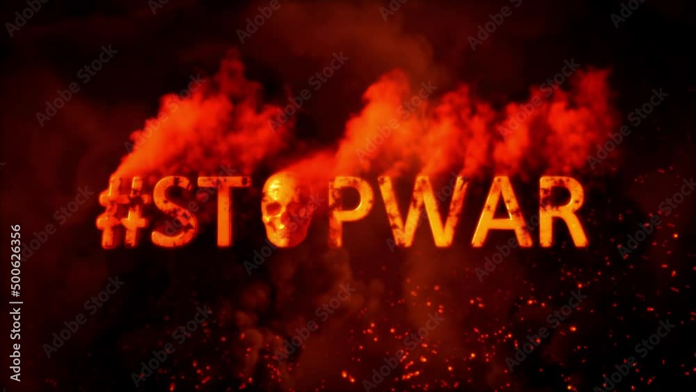 Text stopwar with scary human skull on burning backdrop - loop video Text stopwar with scary human skull on burning backdrop - loop video