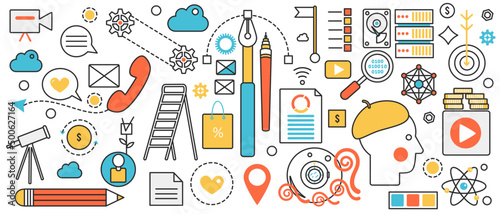 Business research and digital marketing technology. Abstract process of creative content creation, advertising and financial support of art project in infographic concept banner, thin line art design