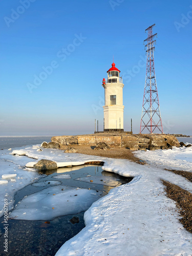 Russia, Vladivostok. Tokarevsky Lighthouse (Egersheld Lighthouse) on a winter morning, built in 1876