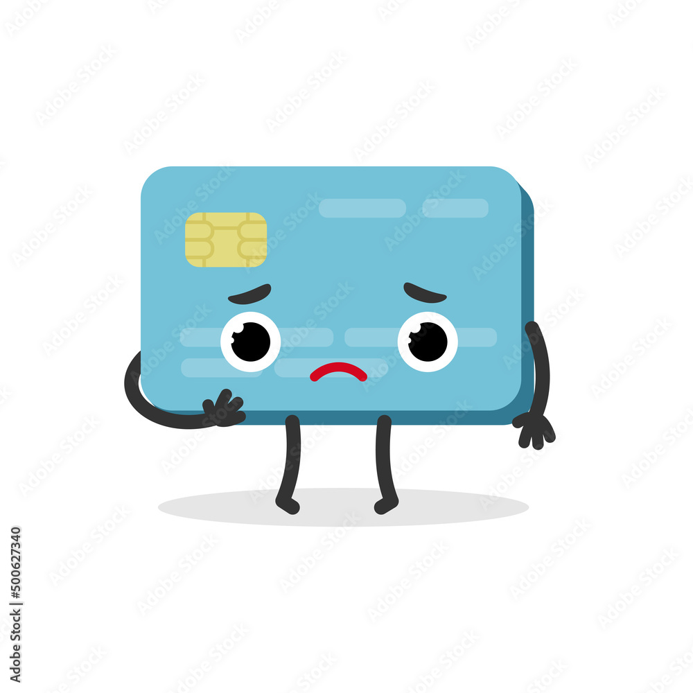 Bank plastic credit card sad character in cartoon style