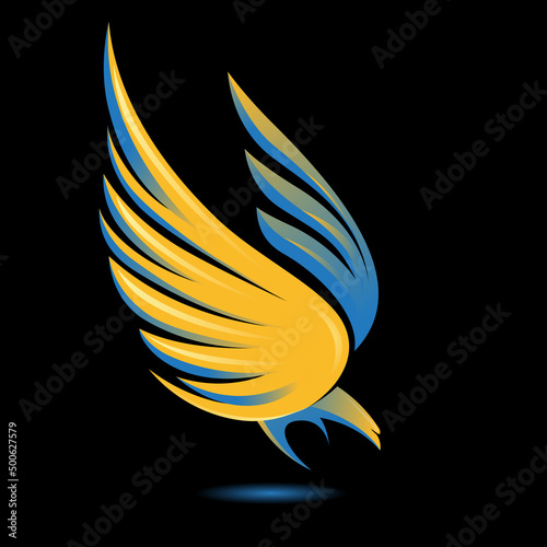 Stylized flying down bird  silhouette in golden, blue, yellow and black colors. Attacking hunting Eagle image. Shining Phoenix. Vector illustration. Works well as a tattoo, emblem, print or mascot.