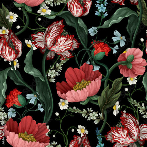 Fototapeta Naklejka Na Ścianę i Meble -  Seamless pattern with vintage flowers such as tulip, poppies and chamomiles. Classical vector wallpaper.