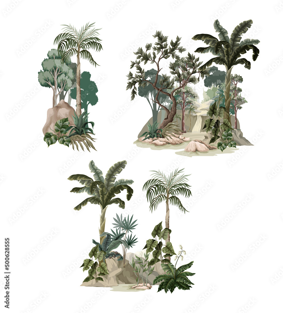 Jungle landscape with river and palms. Vector.