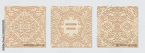 A set of vintage square embossed beige web banners with a geometric ethnic 3D pattern, a frame for text. Creativity of the peoples of the East, Asia, India, Mexico, Aztecs, Peru. Handmade style.