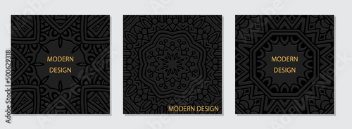 A set of vintage square embossed black web banners with a geometric ethnic 3D pattern, a frame for text. Creativity of the peoples of the East, Asia, India, Mexico, Aztecs, Peru. Handmade style.