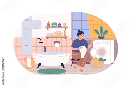 The girl is washing clothes and cleaning in the bathroom. Daily routines and everyday activities