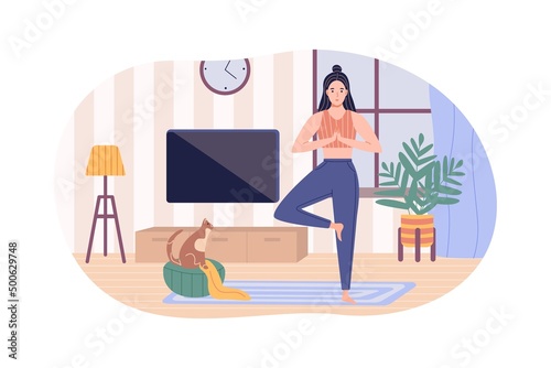 The girl is doing exercises in the living room. Daily routines and everyday activities of young women spend time. Flat cartoon vector illustration.