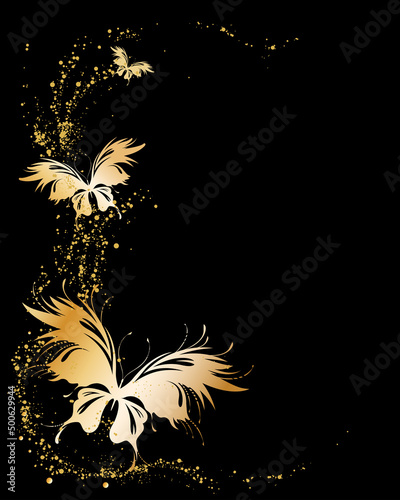 Fototapeta Abstract black background with golden flying butterflies