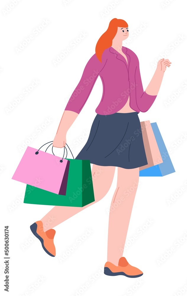 Young woman with bags, shopping hobby, vector Young woman with bags, shopping hobby, vector