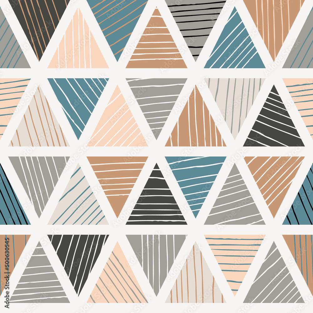 Abstract triangle geometric seamless pattern. Neutral trendy colors. Vector illustration.