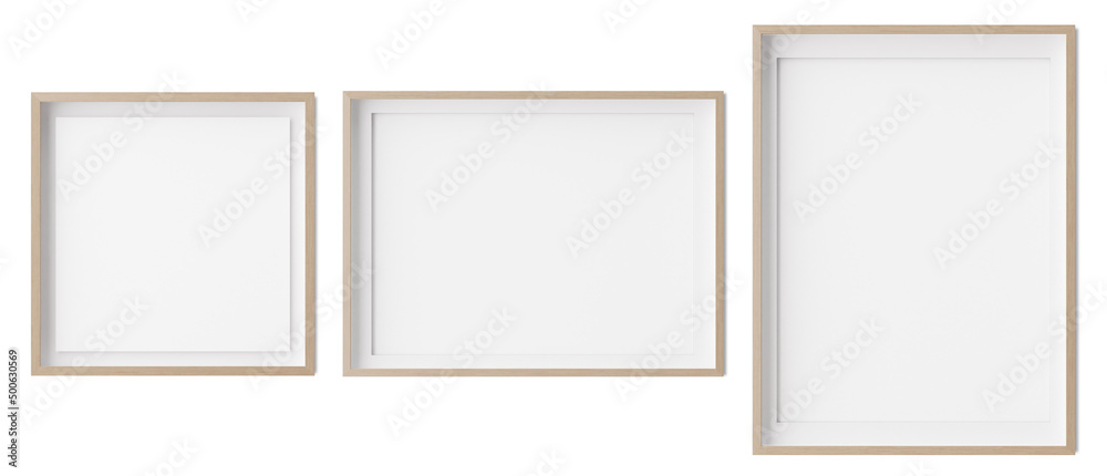 Set of square, horizontal und vertical picture frames isolated on white background. Wooden frames with white paper border inside. Template, mockup for your picture or poster. 3d rendering.