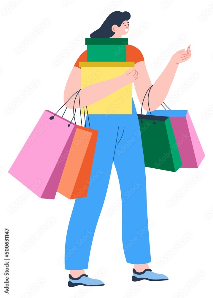 Woman with boxes and bags returning from shopping