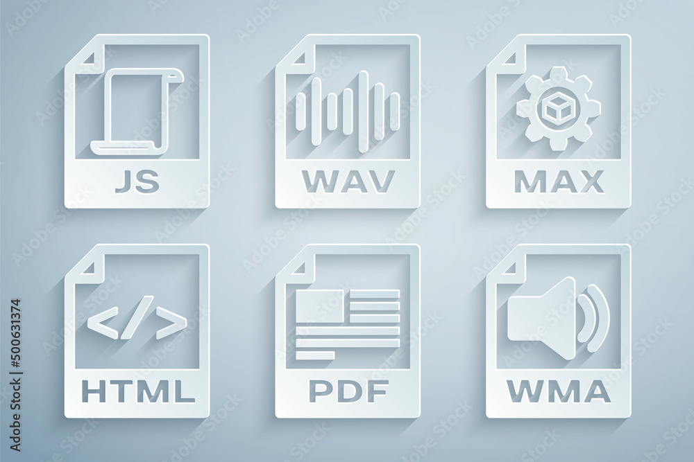 Set PDF file document, MAX, HTML, WMA, WAV and JS icon. Vector Set PDF file document, MAX, HTML, WMA, WAV and JS icon. Vector