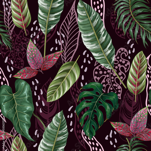 Seamless pattern with tropical leaves and graphic leaf. Vector.