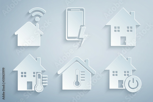Set House temperature, Smart home, Mobile charging battery and with wi-fi icon. Vector