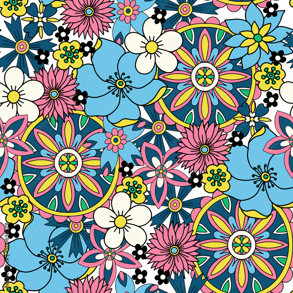 Seamless pattern with flowers in hippie style. Vector.