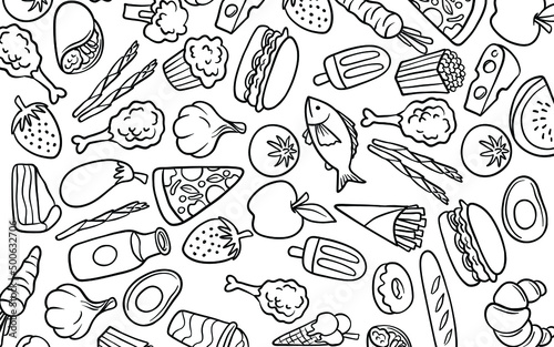 Farmer s market seamless pattern with line icons. Fruits  vegetables  honey  eggs  burger  milk  tomato  ice cream  meat and fish etc.