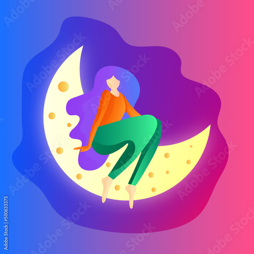 Cute girl with long hair sitting on the moon
