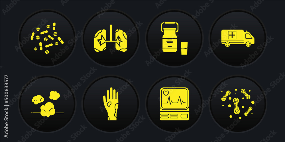 Set Dust, Emergency car, Hand with psoriasis or eczema, Monitor cardiogram, Can container for milk, Lungs, Bacteria and Medicine pill tablet icon. Vector Set Dust, Emergency car, Hand with psoriasis or eczema, Monitor cardiogram, Can container for milk, Lungs, Bacteria and Medicine pill tablet icon. Vector