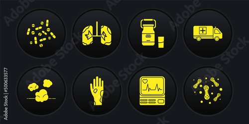 Set Dust, Emergency car, Hand with psoriasis or eczema, Monitor cardiogram, Can container for milk, Lungs, Bacteria and Medicine pill tablet icon. Vector