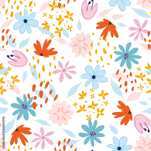 Vector childish floral seamless pattern with fairy flowers. Doodle colorful cute flower background for design and fashion prints, wrapping, cards or fabric.