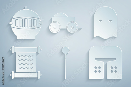 Set Medieval chained mace ball, Executioner mask, Decree, parchment, scroll, iron helmet, Wooden four-wheel cart and icon. Vector