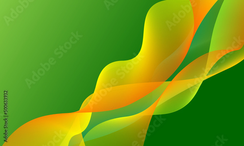 Bright summer green background with flying airy transparent yellow orange ribbons waves