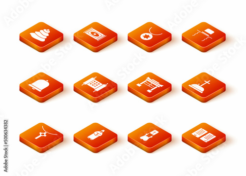 Set Christian cross on chain, Monk, Church bell, Decree, paper, parchment, scroll, Priest, Japan Gate, The commandments and Tombstone with icon. Vector