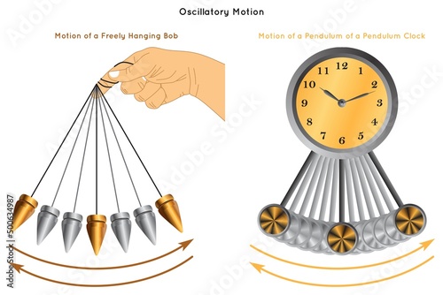 Oscillatory Motion Infographic Diagram with example of movement of freely hanging bob and moving pendulum swing of pendulum clock back and forth for physics science education vector pendulum swinging