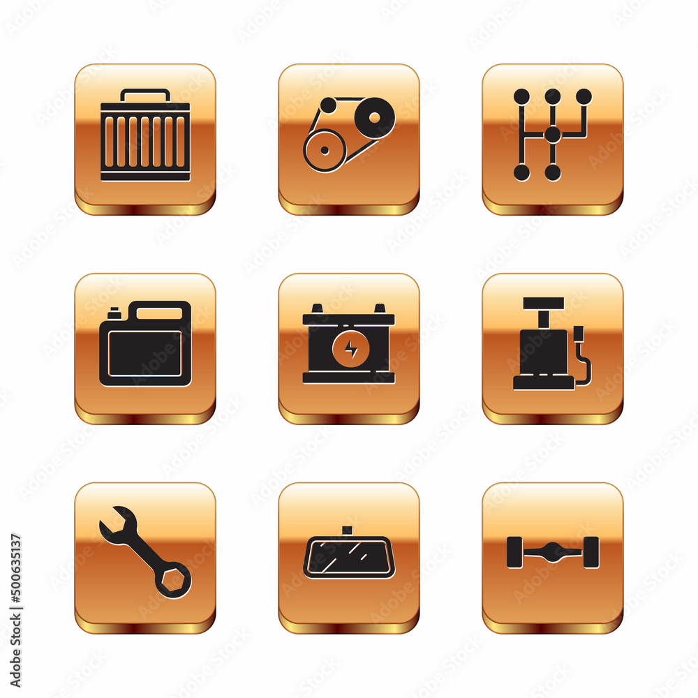 Set Car radiator cooling system, Wrench spanner, mirror, battery, Canister for motor oil, Gear shifter, Chassis car and Timing belt kit icon. Vector Set Car radiator cooling system, Wrench spanner, mirror, battery, Canister for motor oil, Gear shifter, Chassis car and Timing belt kit icon. Vector