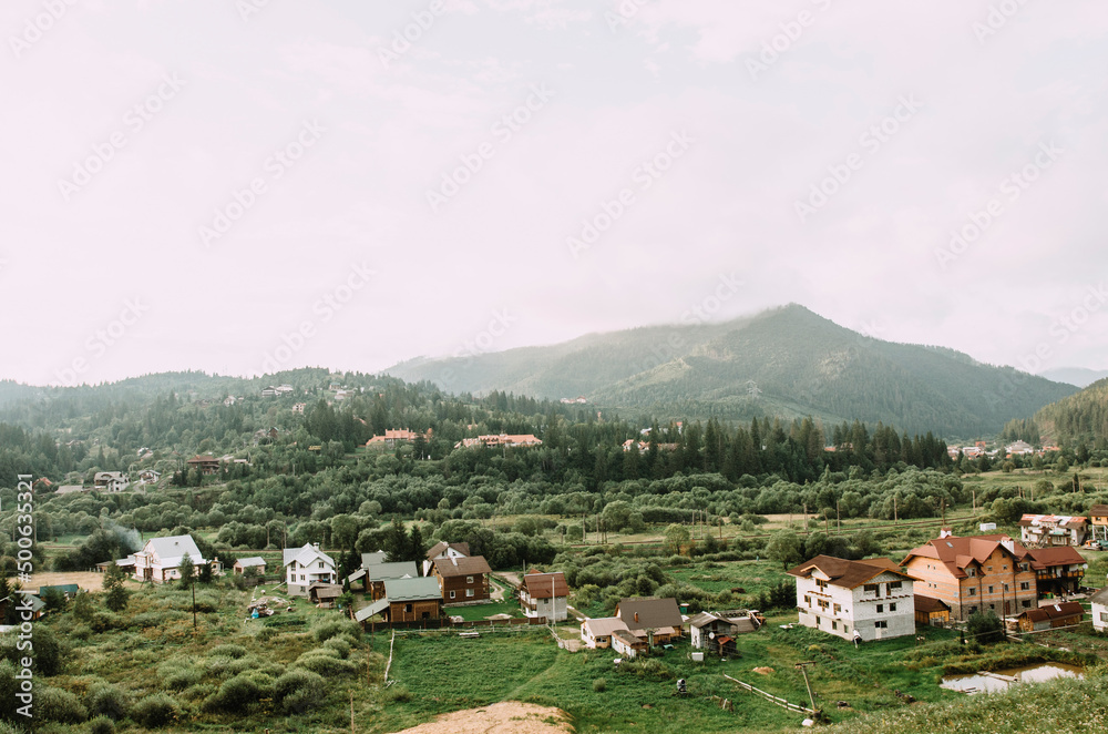 view of the Carpathian mountains with forest and city