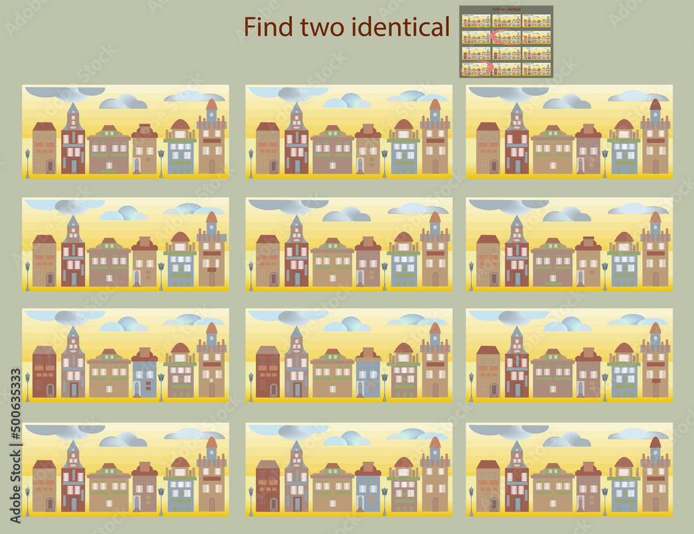 find two identical pictures with houses rebus for children under 10 years old
